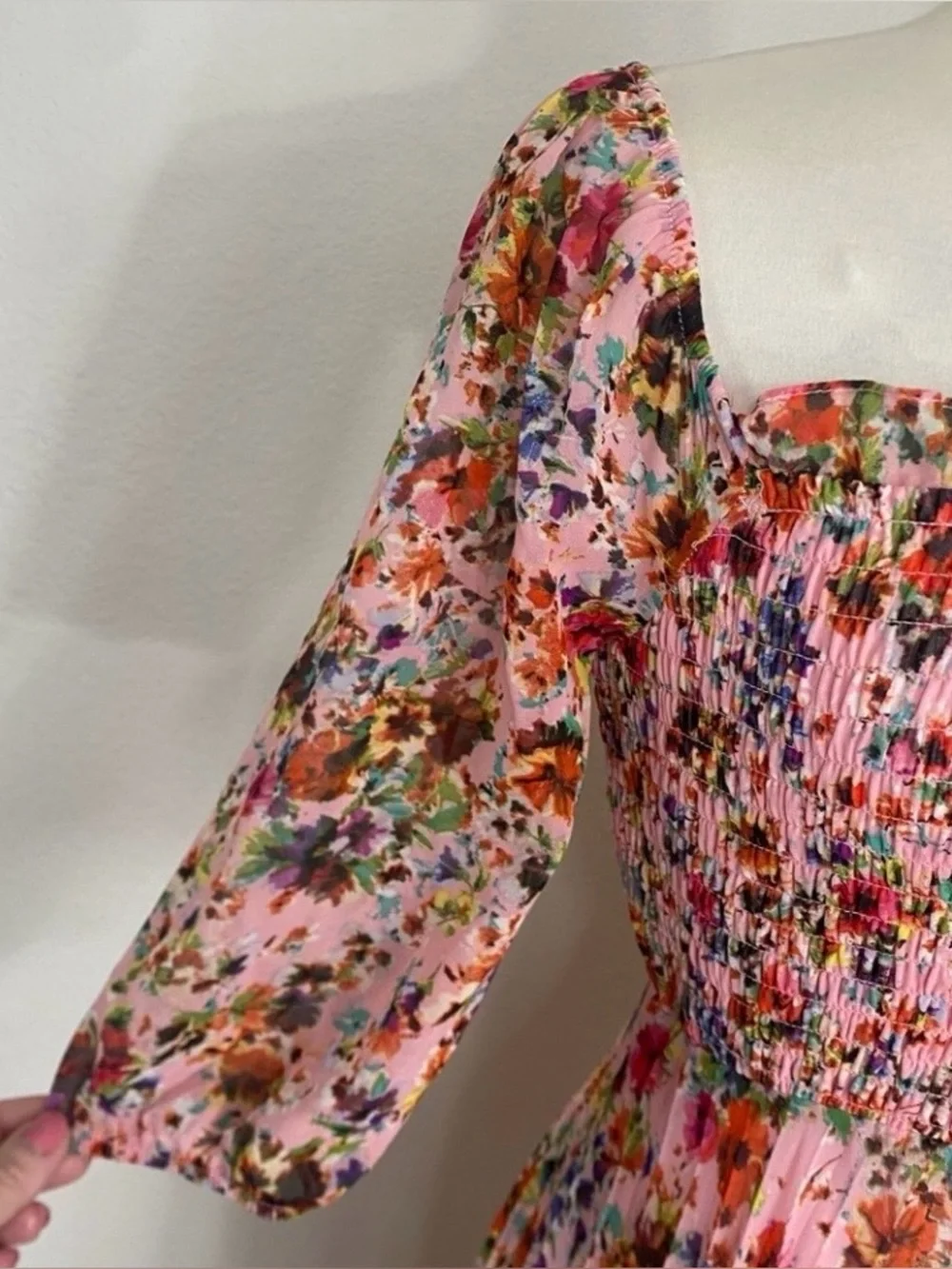 BCBGeneration Women Pink Floral Smock Midi Dress Size 4 Cottagecore Coastal Boho